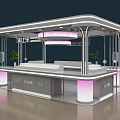 Modern Shopping Mall Lobby Service Desk with Purple Lighting Curved Structure INFO SAFE Signs