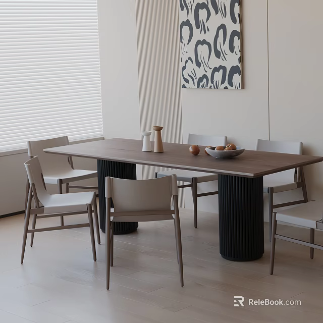 Modern Wooden Dining Table Set with Black Cylindrical Legs Light Colored Chairs Vase Fruit Bowl Window Blinds and Wall Art 3d model 