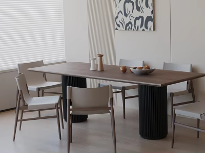 Modern Wooden Dining Table Set with Black Cylindrical Legs Light Colored Chairs Vase Fruit Bowl Window Blinds and Wall Art 3d model