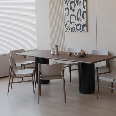 Modern Wooden Dining Table Set with Black Cylindrical Legs Light Colored Chairs Vase Fruit Bowl Window Blinds and Wall Art 3d model