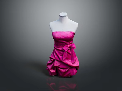 Pink Strapless Ruffled Dress With Bow Accent Displayed On White Mannequin 3d model