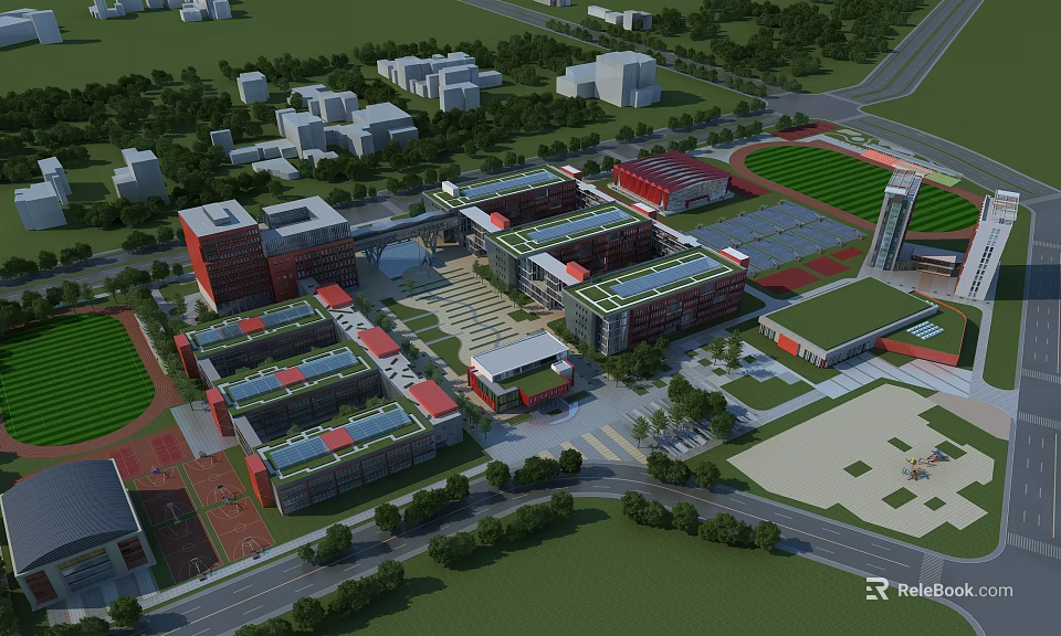 Aerial View of Modern School Buildings with Campus Layout Green Lawns Sports Fields and Trees 3d model 