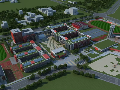 Aerial View of Modern School Buildings with Campus Layout Green Lawns Sports Fields and Trees 3d model