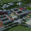 Aerial View of Modern School Buildings with Campus Layout Green Lawns Sports Fields and Trees