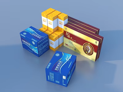 Colorful Packaging Boxes for Daily Living Products with Various Designs and Stacked Arrangement 3d model