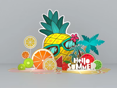 Colorful Summer Fruit Decoration With Pineapple Sunglasses Palm Leaves And Hello Summer 3d model
