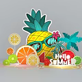 Colorful Summer Fruit Decoration With Pineapple Sunglasses Palm Leaves And Hello Summer