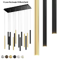 Modern Linear Pendant Light with Black Gold Tubes and Hanging Design Elements 3d model
