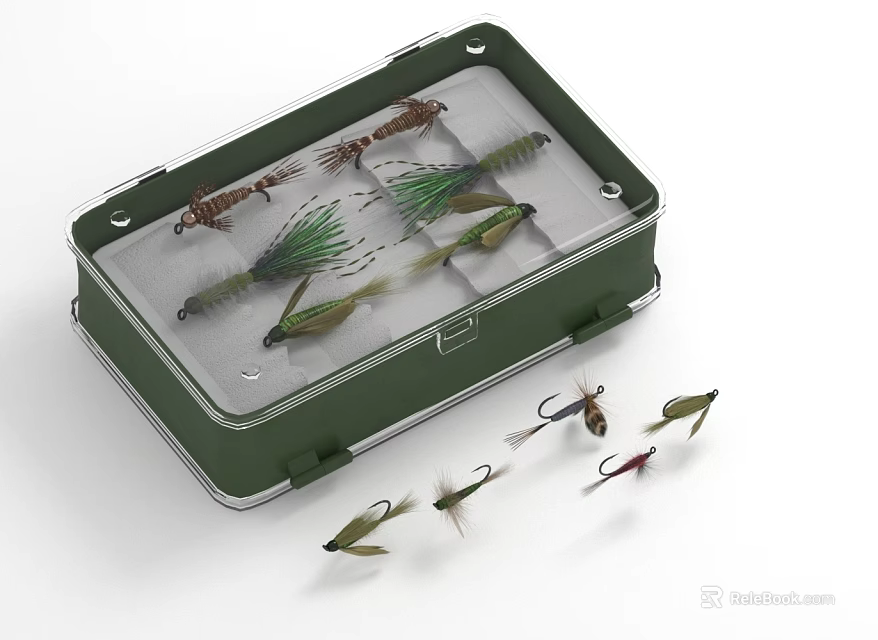 Realistic Insect Shaped Fishing Flies in Green Tackle Box for Anglers 3d model 