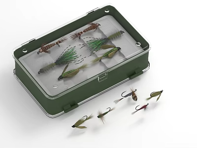 Realistic Insect Shaped Fishing Flies in Green Tackle Box for Anglers 3d model
