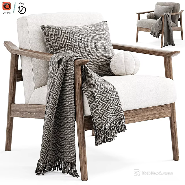 Nordic Solid Wood Frame Fabric Upholstered Single Sofa With Stylish Throw Pillow And Fringed Blanket 3d model 