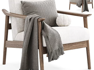 Nordic Solid Wood Frame Fabric Upholstered Single Sofa With Stylish Throw Pillow And Fringed Blanket 3d model