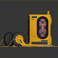 Vintage Yellow Portable Computer Device With Headphones And Tape Storage Media