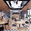 Cozy Modern Cafe Interior With Wooden Tables Chairs Hanging Lights And Green Plants