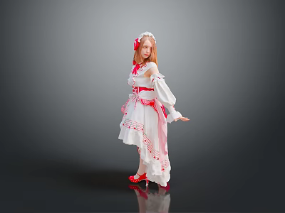 Elegant Woman in White Red Lace Dress With Red Hair Accessory And Red Shoes 3d model