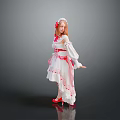 Elegant Woman in White Red Lace Dress With Red Hair Accessory And Red Shoes