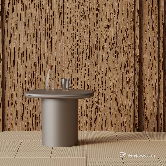 Silver Metallic Side Table with Decorative Glassware on Wooden Background 3d model 
