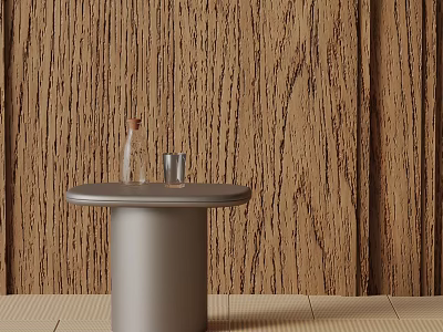 Silver Metallic Side Table with Decorative Glassware on Wooden Background 3d model