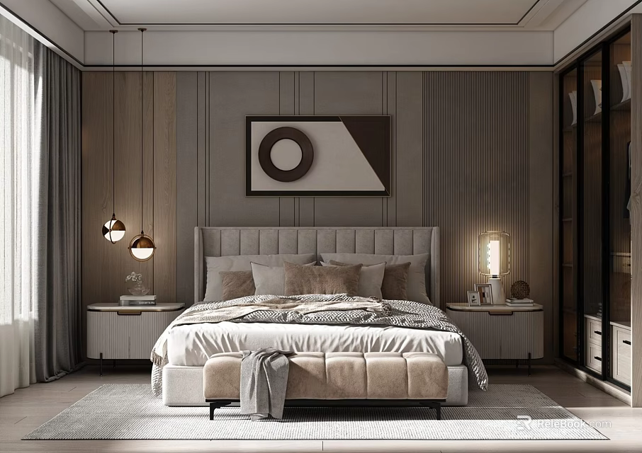 Modern Bedroom Interior With Tufted Headboard Multiple Pillows Bedside Tables Lamps And Wooden Walls 3d model 