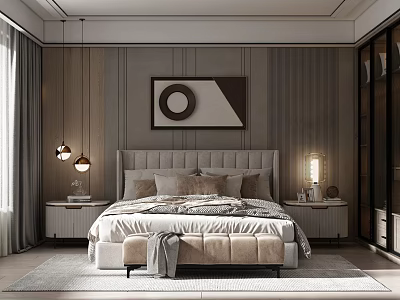 Modern Bedroom Interior With Tufted Headboard Multiple Pillows Bedside Tables Lamps And Wooden Walls 3d model
