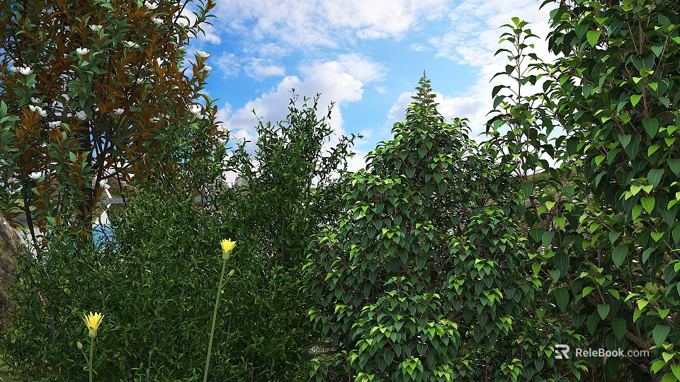 Lush Green Shrubs In Outdoor Garden With Blue Sky White Clouds And Yellow Flowers 3d model 