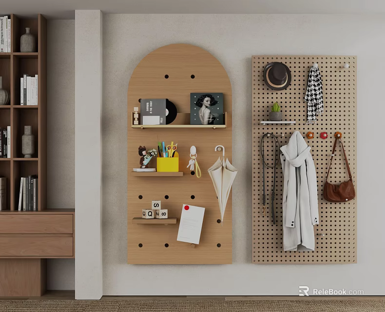 Functional Modern Wall Decor With Arched Wooden Shelf And Perforated Panel For Storage 3d model