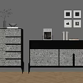 Modern Patterned Entryway Cabinet and Side Cabinet with Black Frame Vase Books and Picture Frames