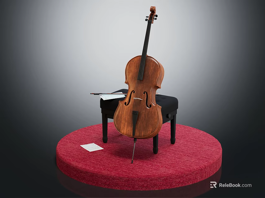 Wooden Cello on Red Circular Platform with Black Chair and Sheet Music 3d model 