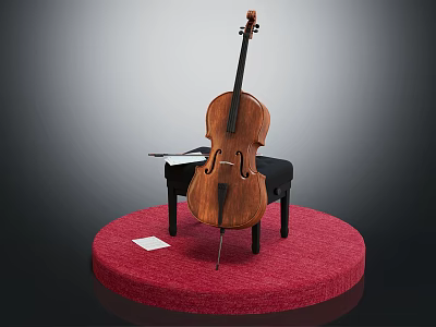 Wooden Cello on Red Circular Platform with Black Chair and Sheet Music 3d model