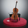 Wooden Cello on Red Circular Platform with Black Chair and Sheet Music