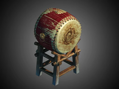 Traditional Chinese Drum With Red Gold Decoration On Wooden Stand Musical Instrument 3d model