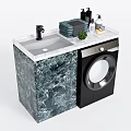 Modern Bathroom Sink Vanity With Black Faucet Marble Countertop Washing Machine Toiletries And Small Plant
