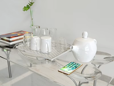 Modern Clear Acrylic Coffee Table With White Teapot Cups Magazines Mobile Phone And Green Plant 3d model