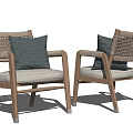 Modern Armchairs With Wooden Frame Woven Backrest Light Colored Cushions And Dark Pillows