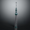 Tall Tokyo Skytree Tower With Blue And White Metal Structure And Top Antenna