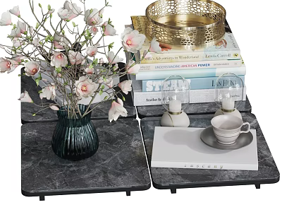 Stylish Decorative Ornaments Arrangement With Flower Vase Golden Bowl Books Candles And Cup On Marble Tabletops 3d model