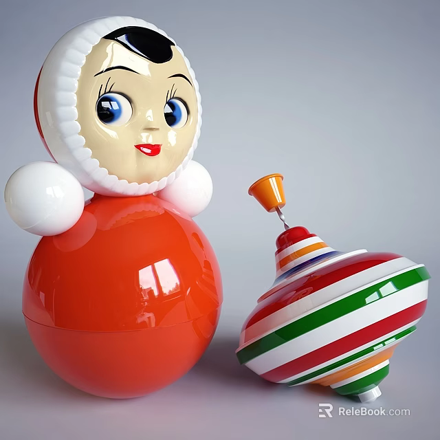 Red White Toy Doll with Round Body and Colorful Striped Spinning Top 3d model 
