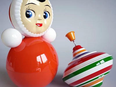 Red White Toy Doll with Round Body and Colorful Striped Spinning Top 3d model