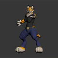 Anthropomorphic Tiger Character Standing With Striped Face Black Vest Blue Jeans And Black Gloves