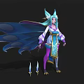 Fantasy Game Movie Character With Blue Hair Cat Ears Purple Blue Outfit Blue Cape And Weapons