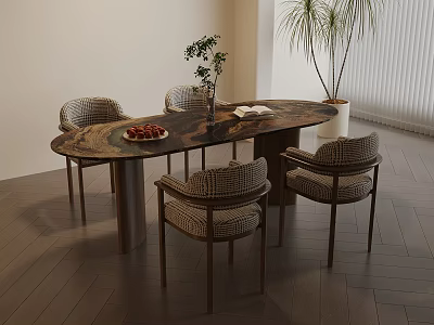 Oval Dining Table Set With Woven Chairs Fruit Plate And Green Plant Decor 3d model