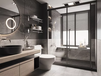 Modern Bathroom Interior With Circular Lighted Mirror Wooden Vanity Glass Shower Enclosure And Window Blinds 3d model