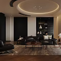 Modern Living Room Interior With Circular Ceiling Design Shutter Windows Black Sofa And Green Plant