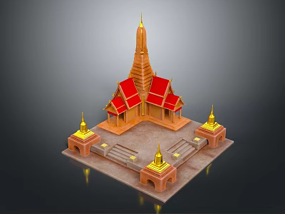Traditional Thai Temple Model With Red Roofs And Golden Spires 3d model