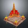 Traditional Thai Temple Model With Red Roofs And Golden Spires