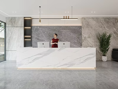 Modern Front Desk Reception With Marble Countertop Red Receptionist Gray Backdrop Wall And Green Plant 3d model