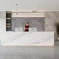 Modern Front Desk Reception With Marble Countertop Red Receptionist Gray Backdrop Wall And Green Plant