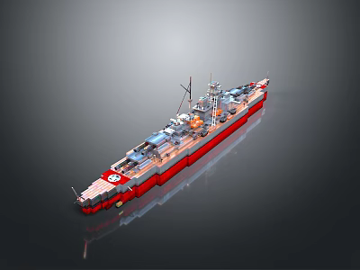 Detailed 3D Warship Model With Turrets Mast And Red Bottom Hull 3d model