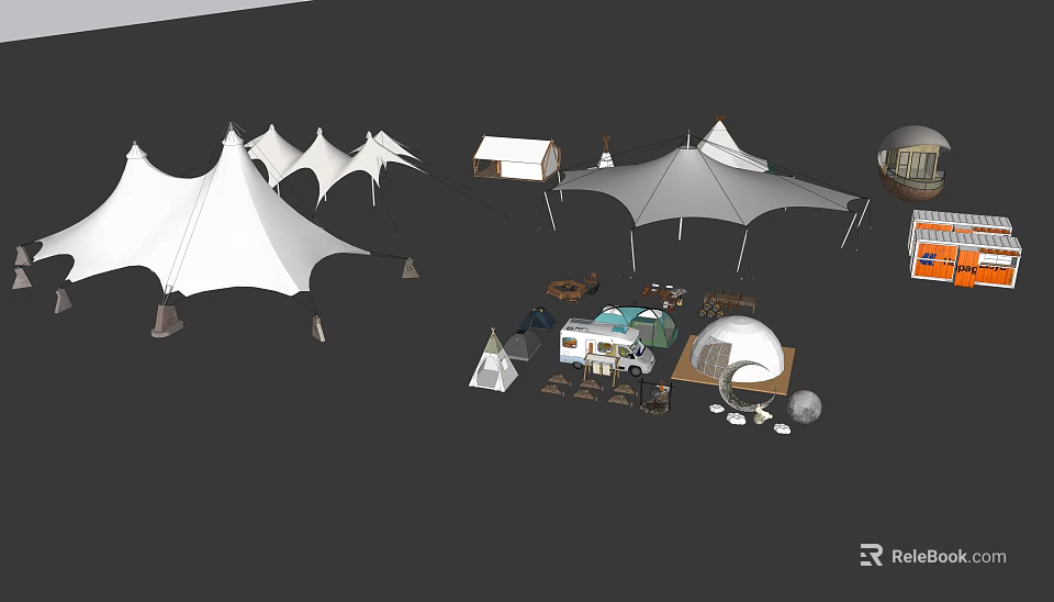 Outdoor Camping Setup With Various Tents Camper Van Dome And Gear 3d model 