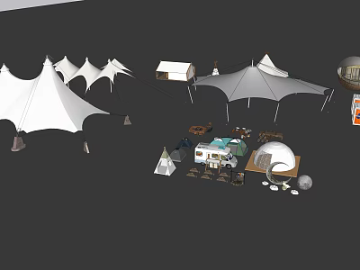Outdoor Camping Setup With Various Tents Camper Van Dome And Gear 3d model